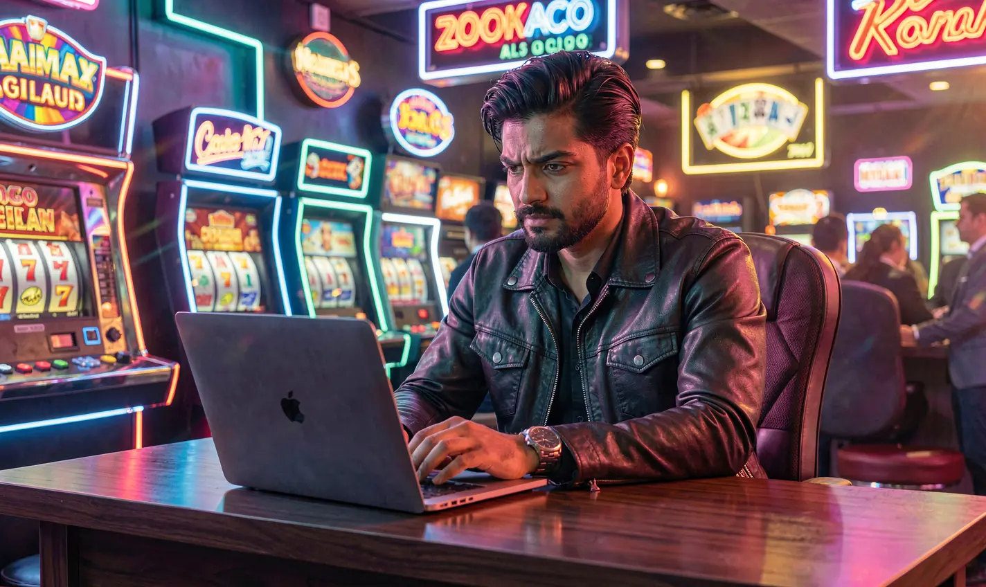 Stylish professional working on a laptop in a neon casino environment with slot machines and vibrant lights showcasing the immersive 42OK games experience in Bangladesh