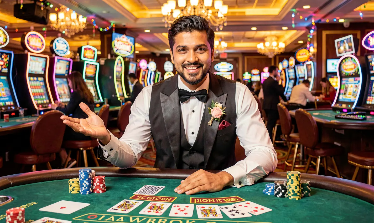Smiling Bangladeshi casino host welcoming players at a vibrant gaming table with cards and chips inside the 42OK casino environment