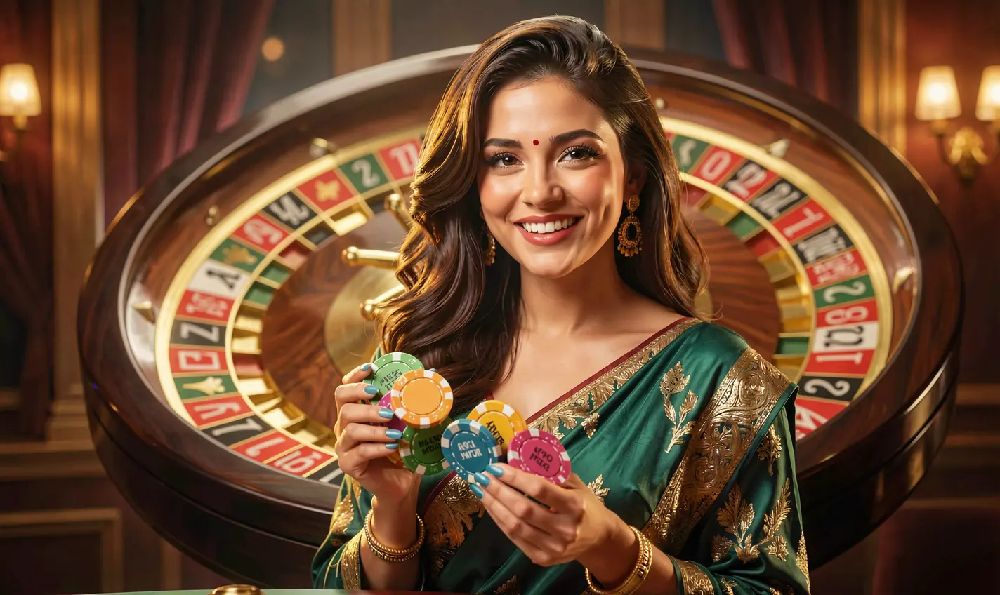Confident casino woman holding poker chips with a roulette wheel behind her representing the thrilling live casino action at 42OK for Bangladesh