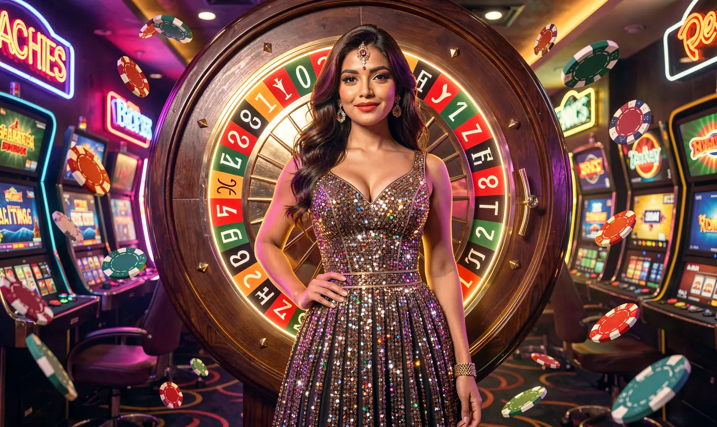 Stylish casino model in a sparkling dress in front of a glowing roulette wheel with flying chips highlighting the excitement and premium casino atmosphere of 42OK in Bangladesh