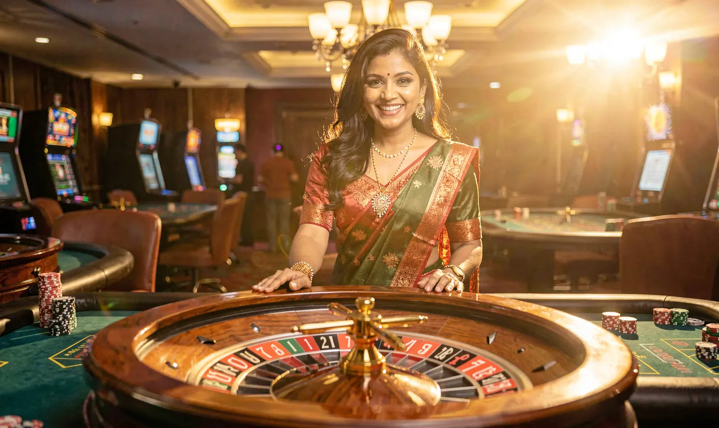 Attractive Bangladeshi casino hostess in a red dress welcoming players at a modern live casino table with glowing roulette lights on 42OK